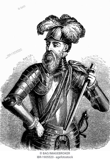 Francisco Pizarro González, 1476 - 1541, Spanish conquistador who conquered the kingdom of the Incas, woodcut from 1880