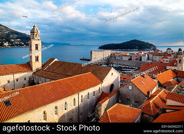 Tower of the Dominican Monastery with view to the harbout in Dubrovnik with ocean view, Croatia