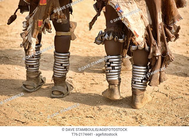 anklets on Hamer women dancing at a bull jumping ceremony near Turmi in the Omo Valley, Ethiopia