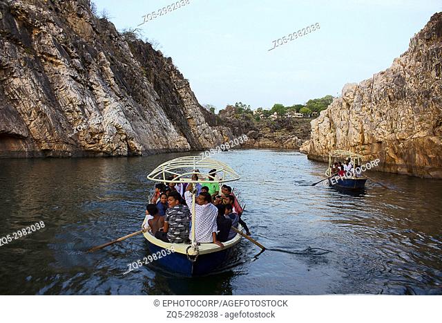 Tourists boating, Bhedaghat, Madhya Pradesh, India