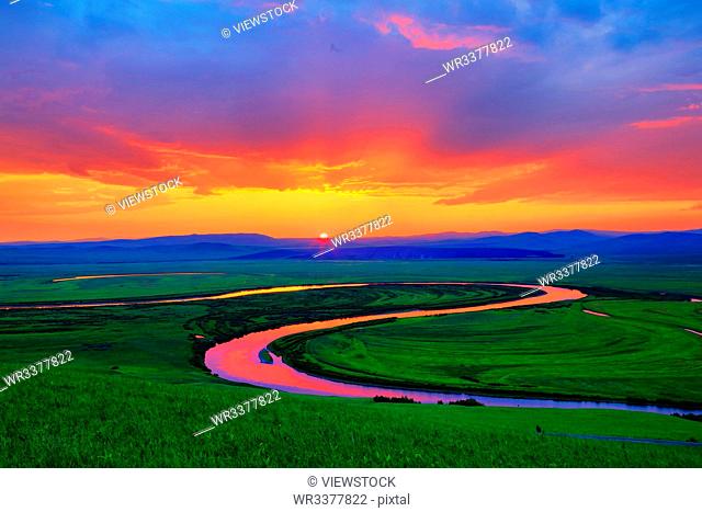 The hulunbuir prairie river sunset