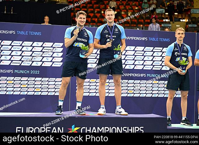 18 August 2022, Bavaria, Munich: Table Tennis: European Championship, Doubles, Men. Mattias Falck l. (Sweden) and Kristian Karlson (Sweden)
