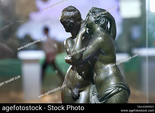 RUSSIA, MOSCOW - OCTOBER 17, 2023: A replica of the antique sculpture of Cupid and Psyche is on display at an exhibition titled ""Peterhof