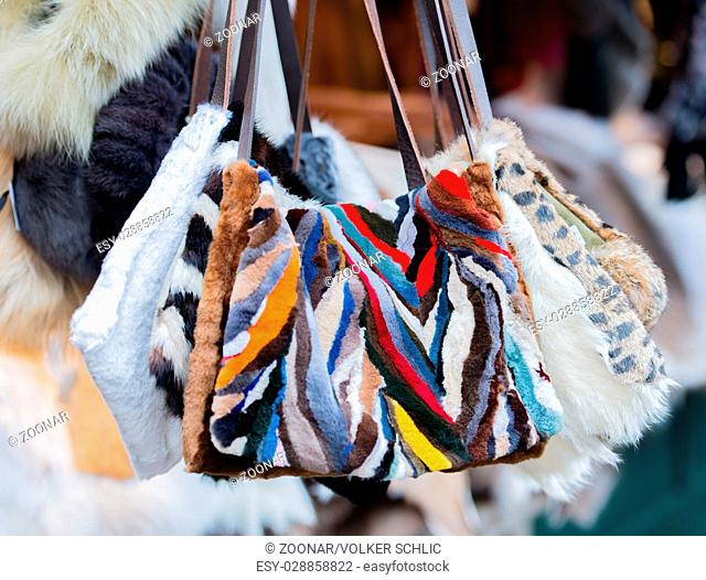fur accessories on a Christmas market