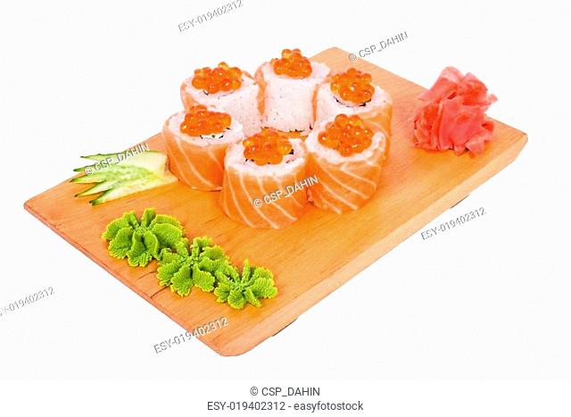 sushi on a wooden board
