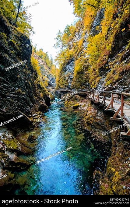 Waterfall at the Vintgar gorge, beauty of nature, with river Radovna flowing through, near Bled, Slovenia in autumn