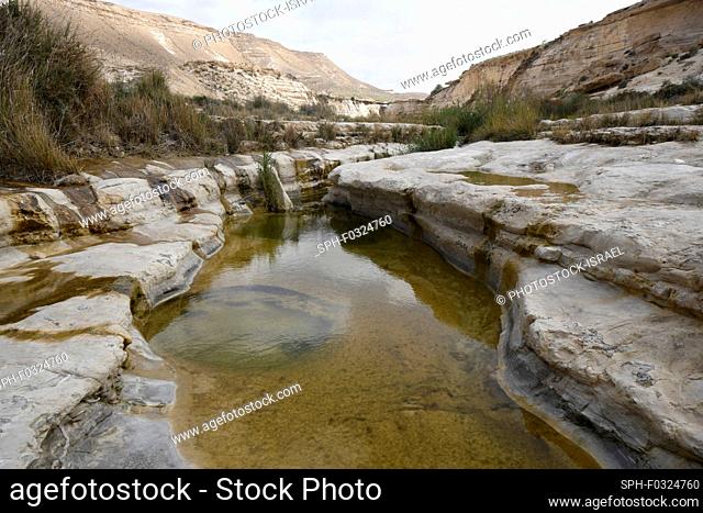 Wadi Hawarim, Negev Desert, Israel. Flood water collecting in the stone pools