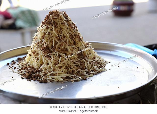 Norin, a local Uzbek noodle like pasta with small pieces of horse meat called ""Kazi""