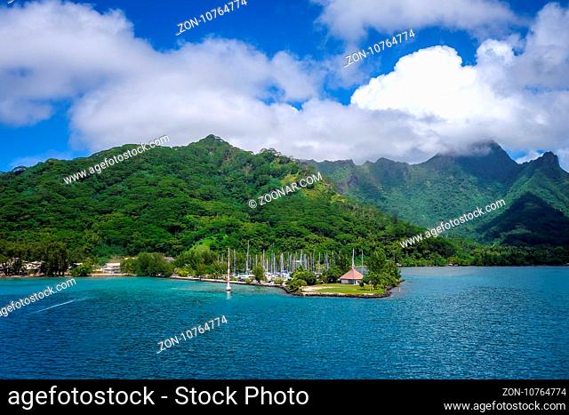 Moorea island harbor and Pacific ocean lagoon landscape. French Polynesia