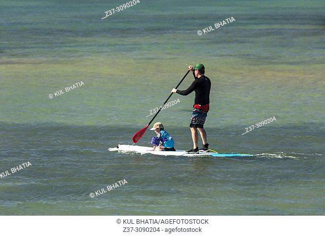 Father and son on a paddleboard on a calm sea, Maui, Hawaii, USA