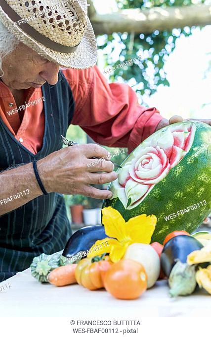 Senior man working on a watermelon with carving tool