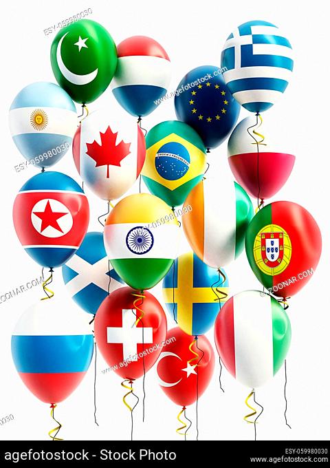 Flying balloons of various countries. 3D illustration