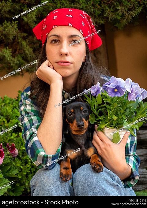 Beautiful Young woman gardening at home planting flowers in pots with her littel dog teckel