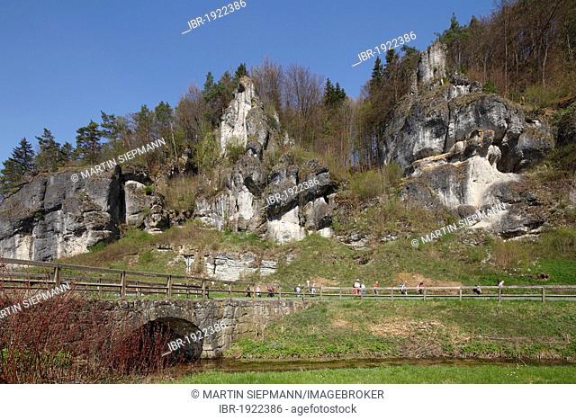 Trubachtal valley with the Roman bridge near the Schloettermuehle Mill, Obertrubach, Little Switzerland, Upper Franconia, Franconia, Bavaria, Germany, Europe