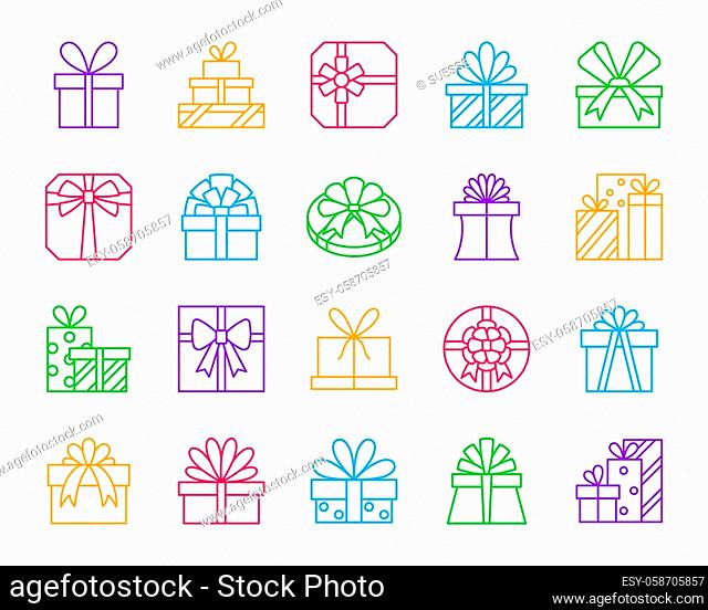 Gift thin line icons set. Outline monochrome sign kit of bounty box. Present linear icon collection includes pack, wrap, ribbon
