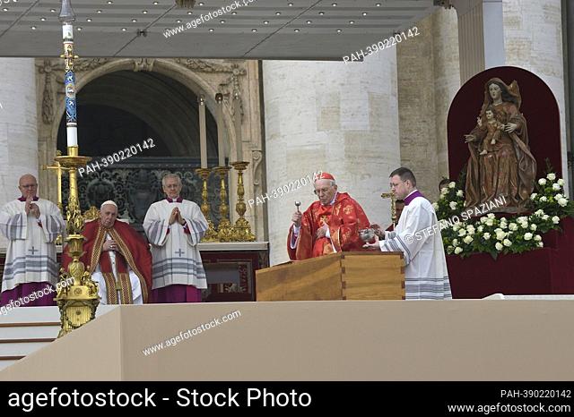 Pope Francis attends the funeral mass for Pope Emeritus Benedict XVI at St. Peter's square on January 5, 2023 in Vatican City