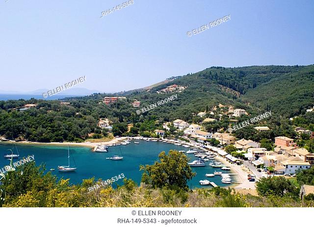 View looking down on the harbour at Ayios Stefanos, northeast coast, Corfu, Ionian Islands, Greek Islands, Greece, Europe