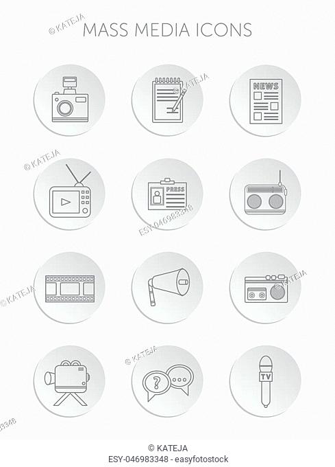 Vector illustration of Mass media journalism broadcasting news cast concept flat business icons set of paparazzi profession live radio for infographics design...