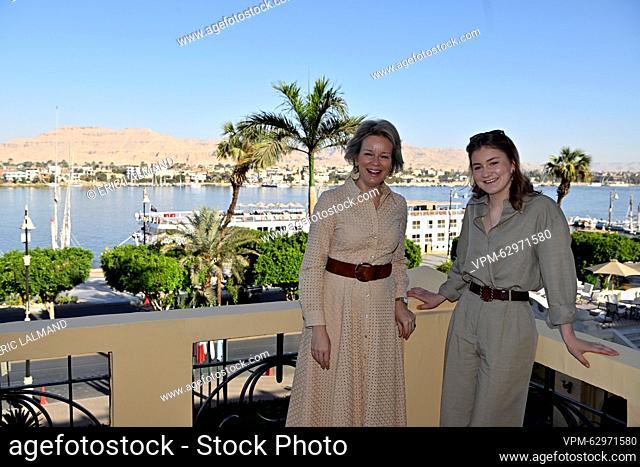 Queen Mathilde of Belgium and Crown Princess Elisabeth pose for the photographer during a visit to the Winter Palace, on the second day of a royal visit to...