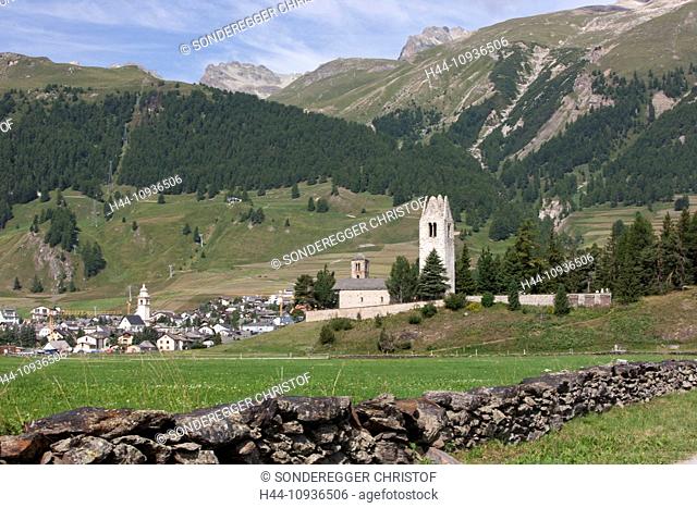 Celerina, church, San Gian, village, canton, GR, Graubünden, Grisons, Engadin, Engadine, Oberengadin, Switzerland, Europe, wall