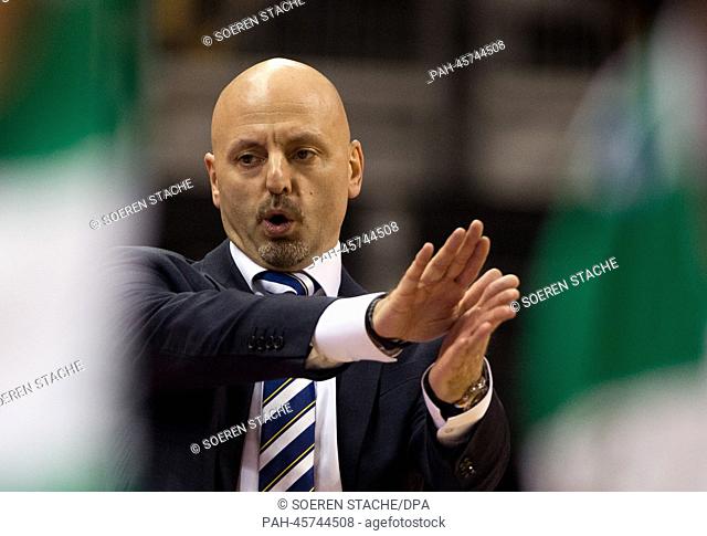 Berlin's coach Sasa Obradovic reacts during the basketball match between Alba Berlin and Chimik Juschne (Ukraine) in the o2 World in Berlin, Germany