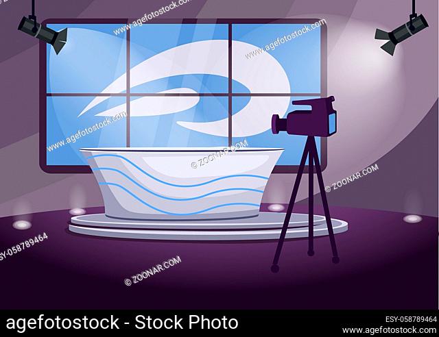 News program shooting stage flat color vector illustration. Television channel, telecasting room 2D cartoon interior with screens on background