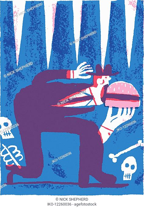 Greedy businessman eating huge hamburger surrounded by human bones