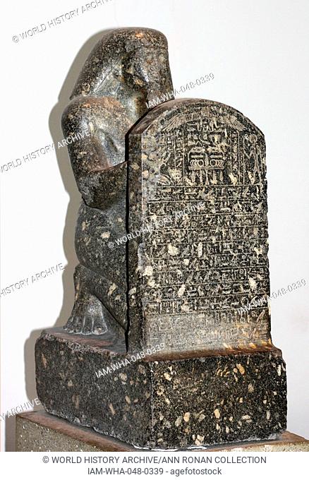 Kneeling statue of Montuemhat holding a stela, Granodiorite, 25th or 26th Dynasty, about 670-650 BC. Possibly from Montuemhat's tomb at Thebes