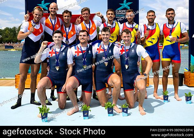 13 August 2022, Bavaria, Munich: European Championships, European Championship, Rowing, Four, Men, Final, at the Olympic regatta facility Oberschleißheim