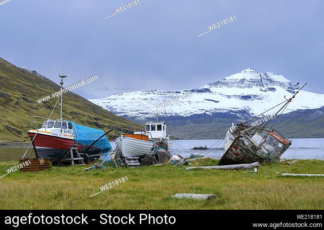 Old boats at fjord Ingolfsfjoerdur. The Westfjords (Vestfirdir) in Iceland during late autumn Herbst. Europe, Northern Europe, Iceland