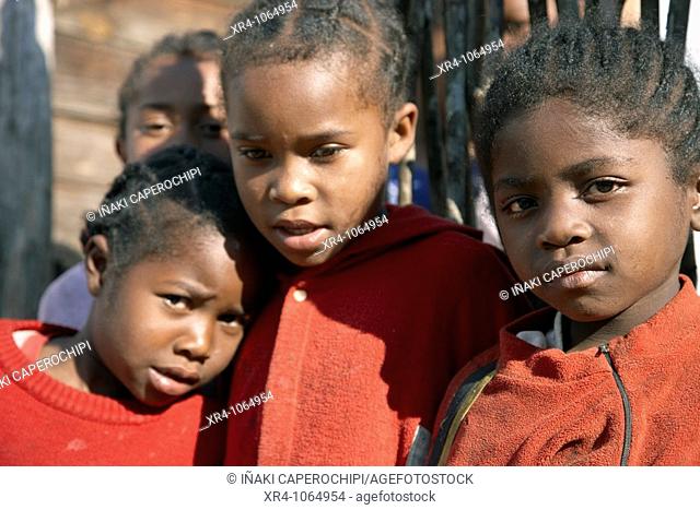 Three children, Andasibe, Toamasina, Madagascar, Africa
