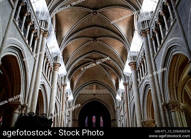 Cathedral of Notre Dame of Lausanne. The nave. Gothic rib vaulting. Switzerland