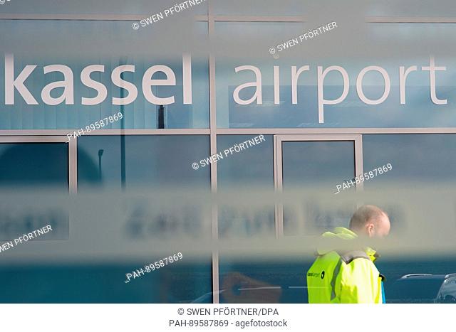The letters ""Kassel Aiport"" can be seen during the introduction of the new airport chief at Kassel airport in Calden, Germany, 4 April 2017