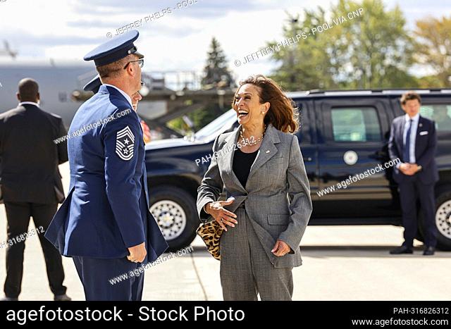 United States Vice President Kamala Harris greets members of the US Air Force Air National Guard at Mitchell International airport