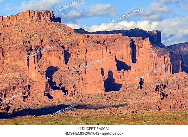 United States, Utah, Colorado Plateau, State Route 128 (SR-128) designated the Upper Colorado River Scenic Byway, Fisher Towers rock formations near Moab