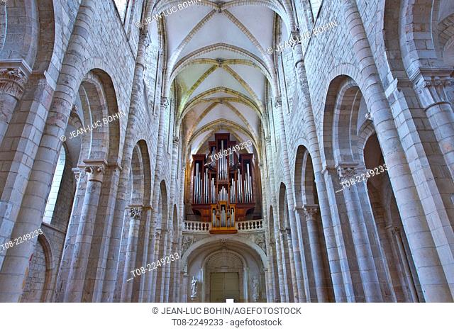 france, loiret, saint benoit-sur-loire : benedictine abbeye of fleury, nef, roof & organ