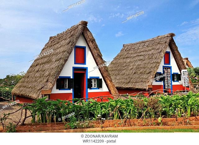 Two rural houses with triangular thatched roof