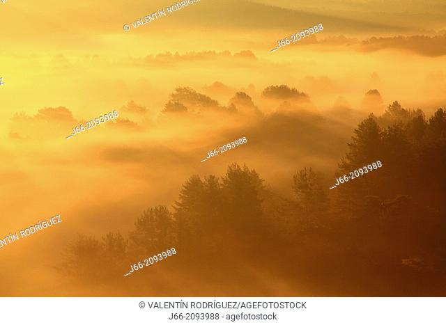 Landscape at sunrise in autumn, Serrania de Cuenca Natural Park. Cuenca province, Castile La Mancha, Spain