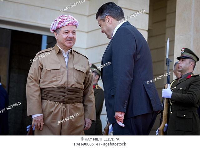 German Minister of Foreign Affairs Sigmar Gabriel (SPD) is welcomed by Masoud Barzani (l), President of the Iraqi Kurdistan Region