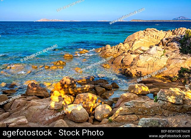 Panoramic view of the Costa Smeralda - Emerald Cost - seaside in Capriccioli beach tourist destination and resort at the Tyrrhenian Sea coast in Sassari region...