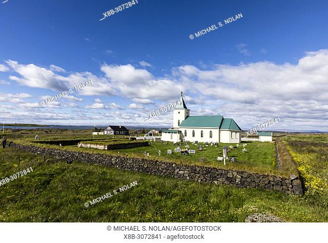 Exterior view of the Reynihlíð Church just outside of Akureyri, Iceland
