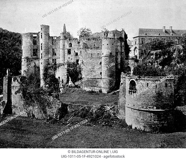 Early autotype of beaufort castle in beaufort, luxembourg, historical photo, 1884