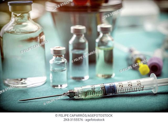 Medicine in vials, ready for vaccine injection, conceptual image