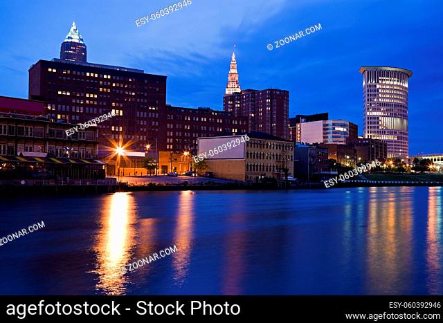 Evening by the river in downtown Cleveland, Ohio
