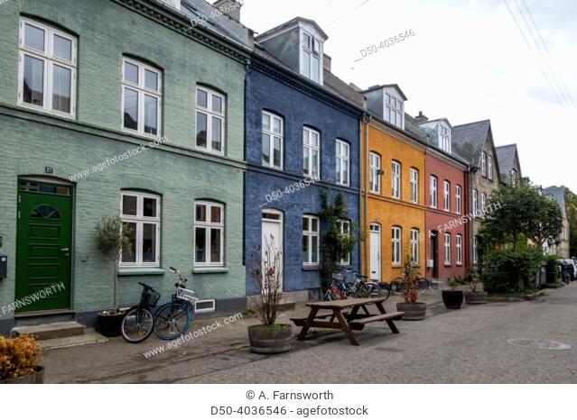 Copenhagen, Denmark Colorful houses on Olufsvej in the district in Osterbro