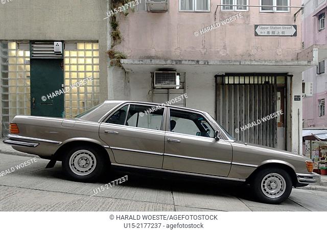 Hong Kong, China, Asia. Historic 1970's Mercedes S-Class W116 on Upper Station Street