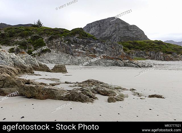 The jagged rocks and coastline of the Atlantic coast at Grotto Beach, a wide beach near Hermanus