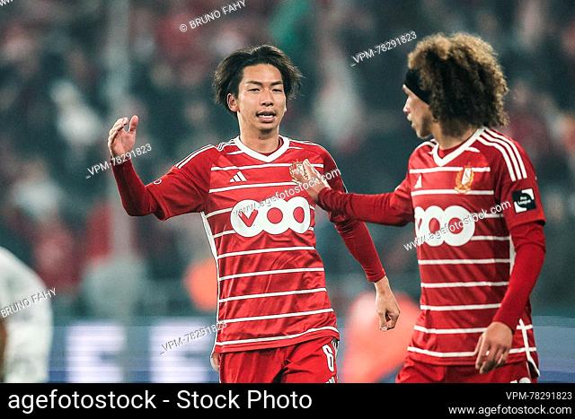 Standard's Hayao Kawabe celebrates after scoring during a soccer match between Standard de Liege and RSC Anderlecht, Sunday 22 October 2023 in Liege