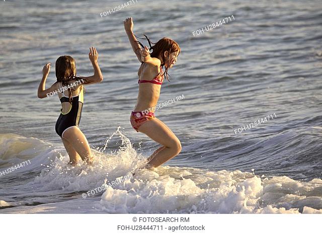 beach, young, surf, enjoying, girls, two