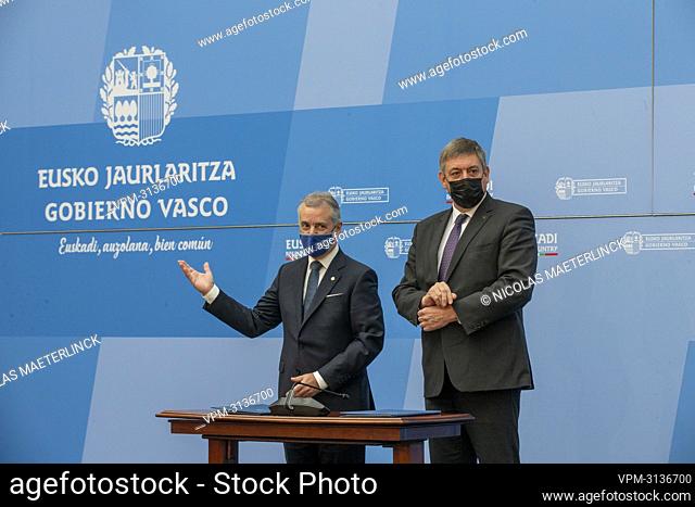 Lehendakari (President) of the Basque Government Inigo Urkullu Renteria and Flemish Minister President Jan Jambon pictured during a diplomatic meeting in...